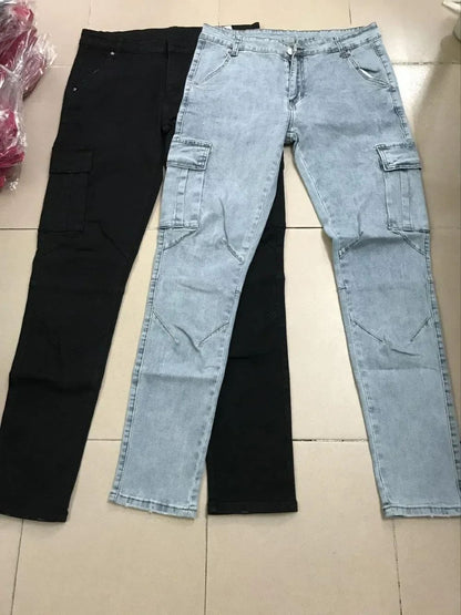 Men Street Elastic Denim Jeans Wash Solid Color Multi Pockets Cargo Pants Casual Slim Fit Daily Wear Joggers Mid Waist Trousers