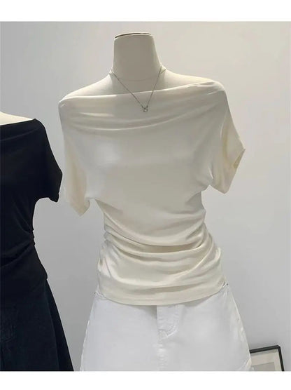 Ultra-Hand Feel Modal Cotton Short Sleeve T-Shirt Women Summer Design Slim Fit Shoulder Baring Fashionable Top