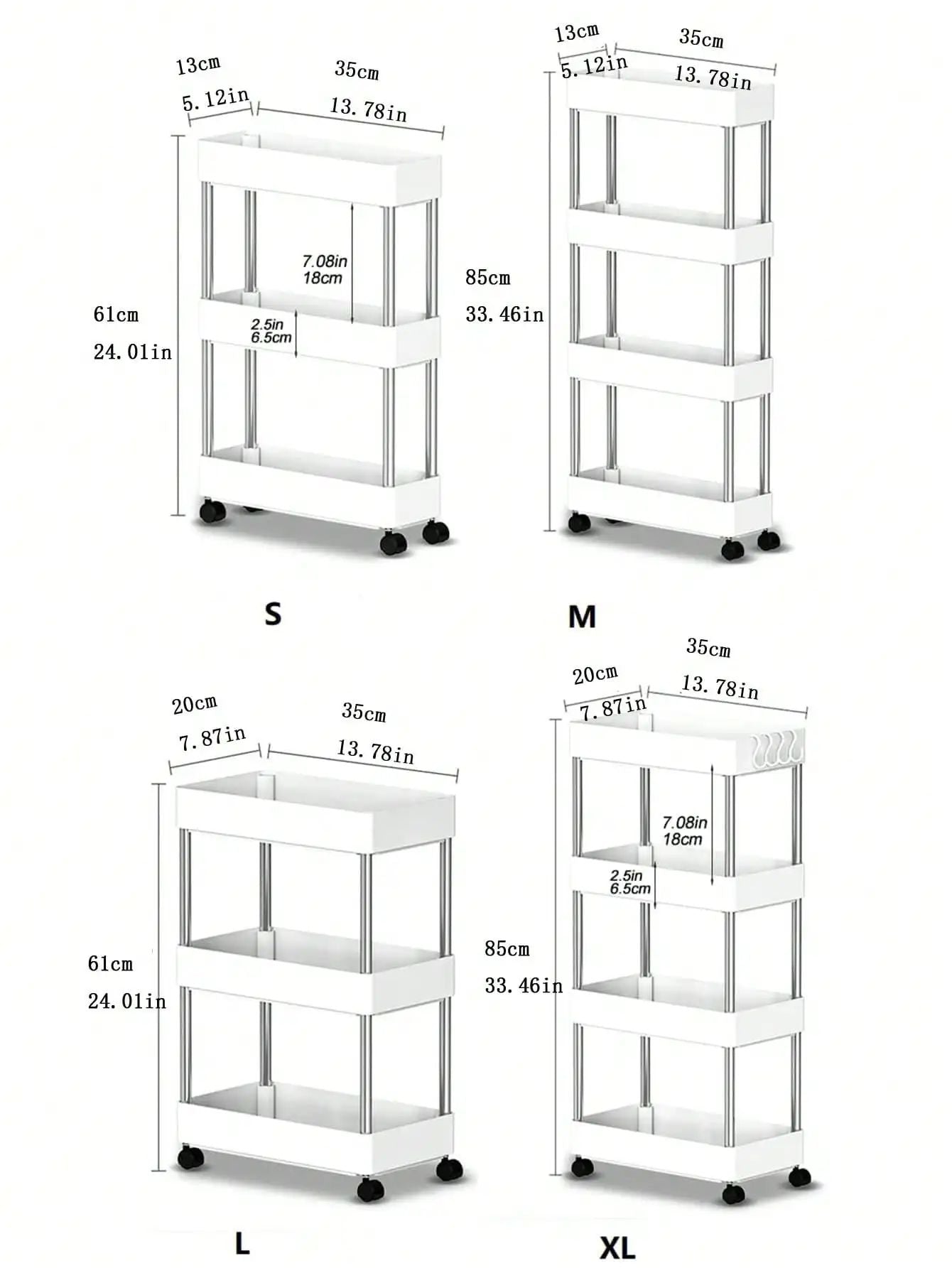 Rack de armazenamento móvel com 3/4 níveis para espaços estreitos, carrinho utilitário com rodinhas, prateleira organizadora fina para cozinha, banheiro e sala de estar