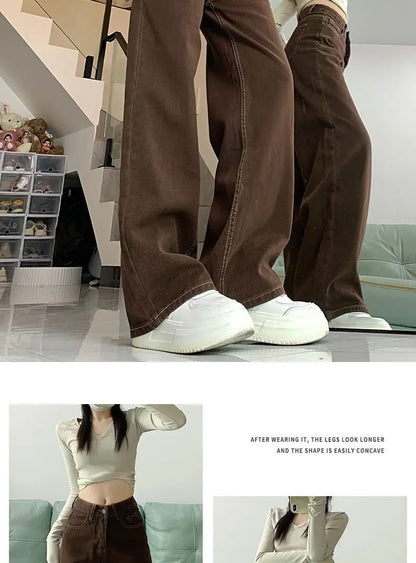 Cafe Brown Versatile Wide Leg Jeans Women's Spring Autumn High Waist Slimming Small Size Loose Drapey Straight Floor-Length Pant