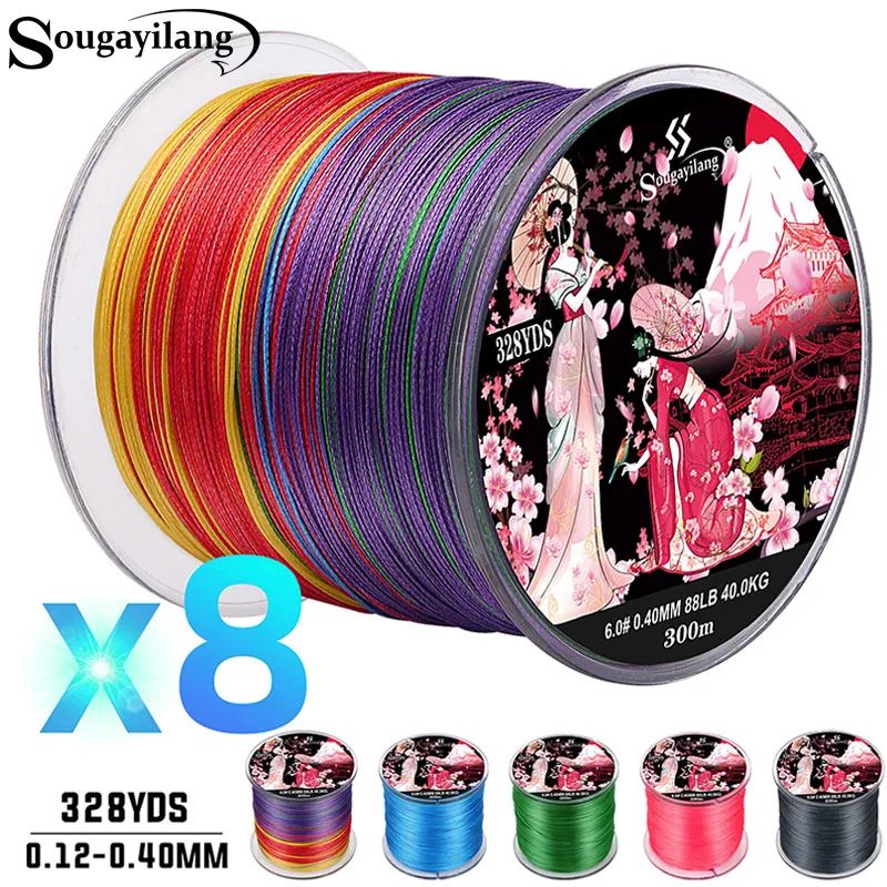 Sougayilang Linha de Pesca Trançada X8 100/300 Arrastos 22~88LB Multifilamento Japonês PE para Acessórios de Pesca de Baixo, Lúcio e Carpa