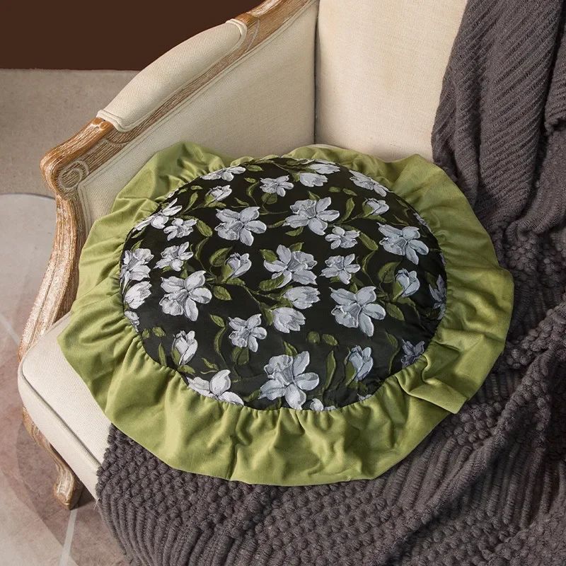 Removable Washable American Light Luxury Sofa Flower Pillow Homestay Round Cushion Retro Ruffle Edge Red Pillow  Throw Pillows