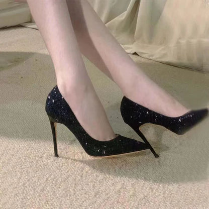Fashion European Sexy Nightclub Slim High Heels Oversized Red Sole Women's Wedding Sequin Pointed Stiletto Heels Large Size 43