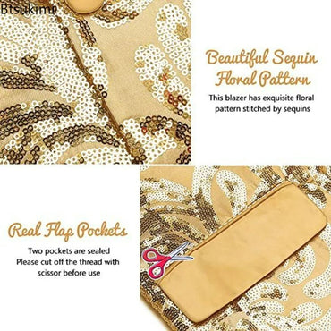 2025 Men's Shiny Gold Sequins Blazer Stylsih Shawl Collar One Button Tuxedo Floral Suit Jacket Party Wedding Groom Costume Homme