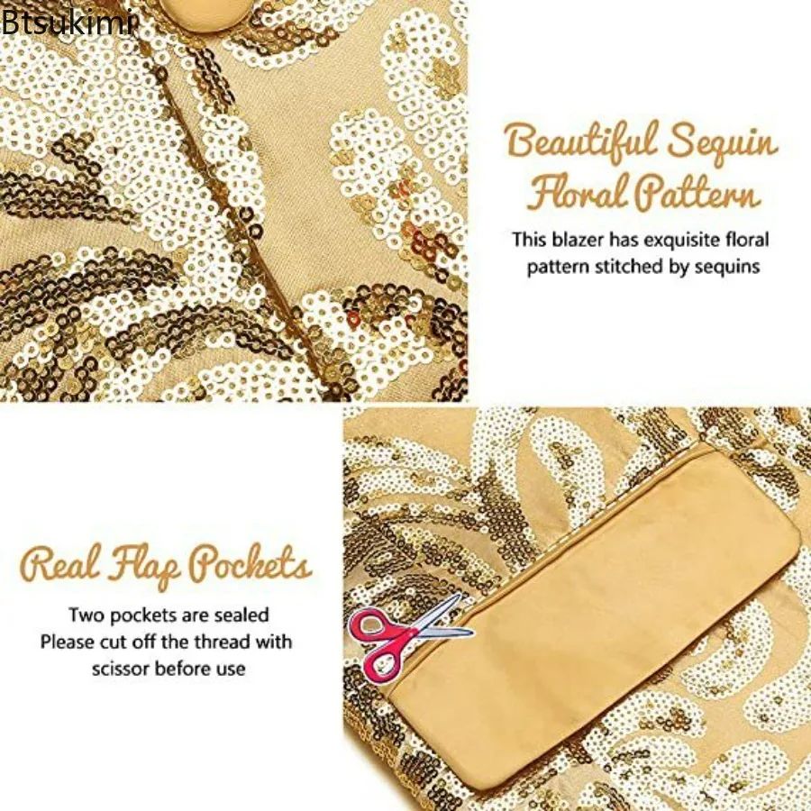 2025 Men's Shiny Gold Sequins Blazer Stylsih Shawl Collar One Button Tuxedo Floral Suit Jacket Party Wedding Groom Costume Homme