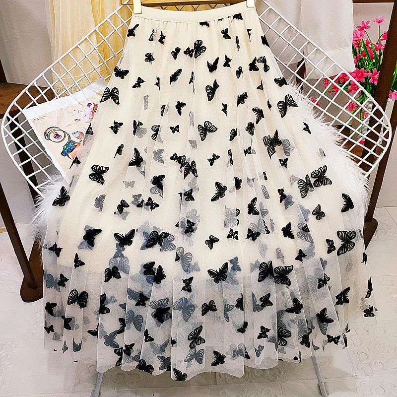 Butterfly Flocking Tulle Long Skirt Women Aesthetic Casual A Line Elastic High Waist Midi Mesh Skirt Female Black