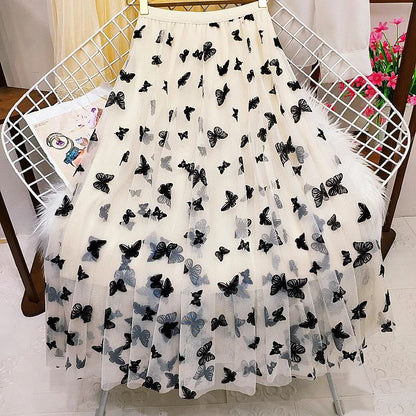 Butterfly Flocking Tulle Long Skirt Women Aesthetic Casual A Line Elastic High Waist Midi Mesh Skirt Female Black