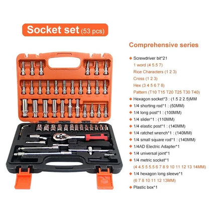 Jogo de Chaves Catraca Soquete 46 Peças para Motocicleta Encaixe 1/4 Pol. Kit Completo de Reparo Automotivo para Manutenção de Carros e Bicicletas da Amagi