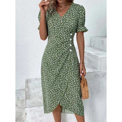 Elegant Floral Pleated H shaped Midi Dress Female V Neck Puff Sleeve Waist Ruche