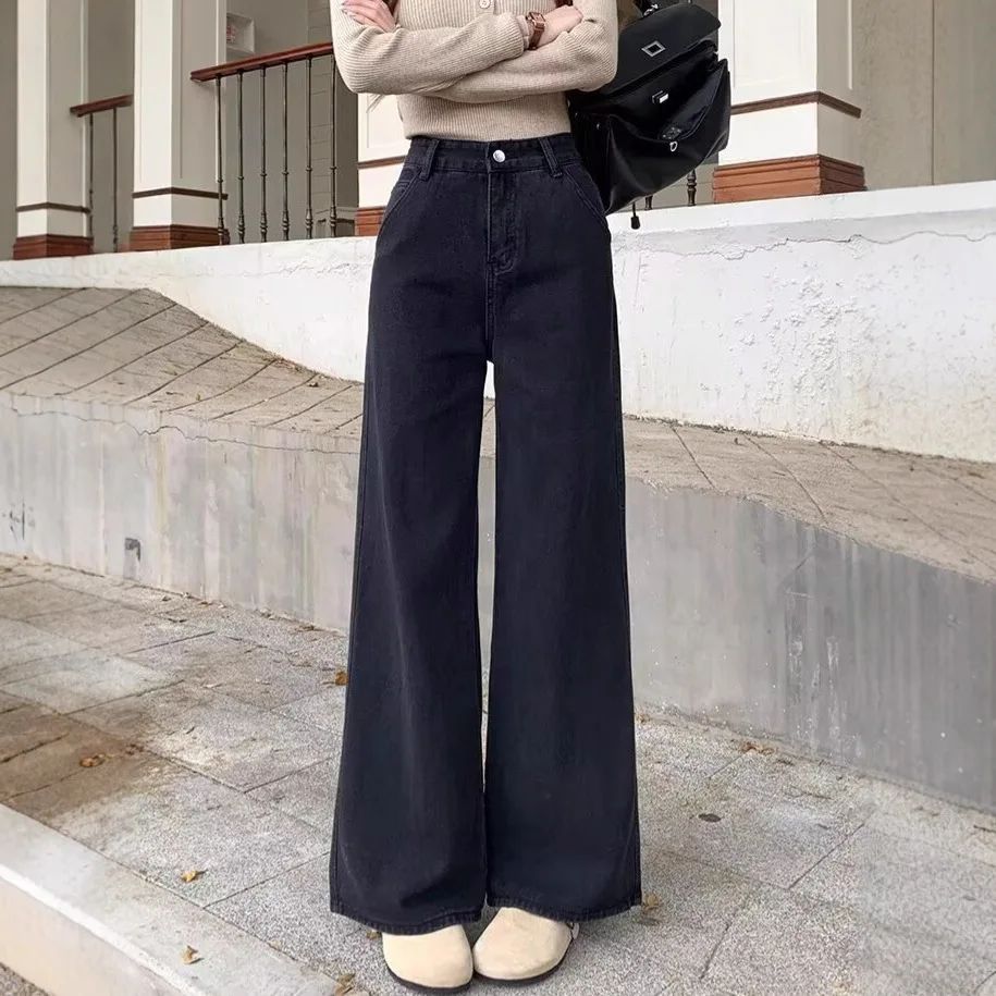 High Waist Wide Leg Black Denim Jeans Women's Autumn Winter New Style Loose Fit Floor Length Bell Bottoms Trendy