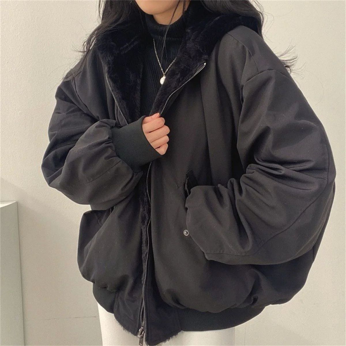 Both Sides Thicken Coat New Zipper Hooded Women Winter Jacket Oversized Elegant Solid Fashion Warm Coats Casual Ladies Outerwear