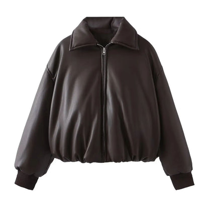 2025 Fall Winter Faux Leather Jacket for Women Oversized Streetwear Cotton Padded Parkas Short Bomber Coat Warm
