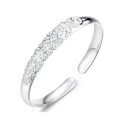 Pulseira Feminina Pavão Vazado de Prata Esterlina 925 Textura de Luxo Aberta Presente de Joias Originais para Festa