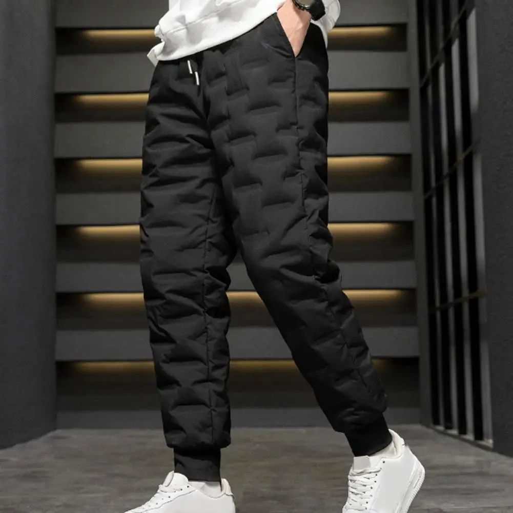 Men Autumn Winter White Duck Down Padded Thermal Sweatpants Elastic Waist Drawstring Pockets Thickened Joggers Pants Streetwear