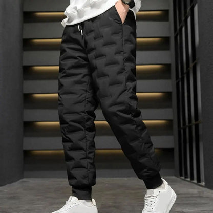 Men Autumn Winter White Duck Down Padded Thermal Sweatpants Elastic Waist Drawstring Pockets Thickened Joggers Pants Streetwear