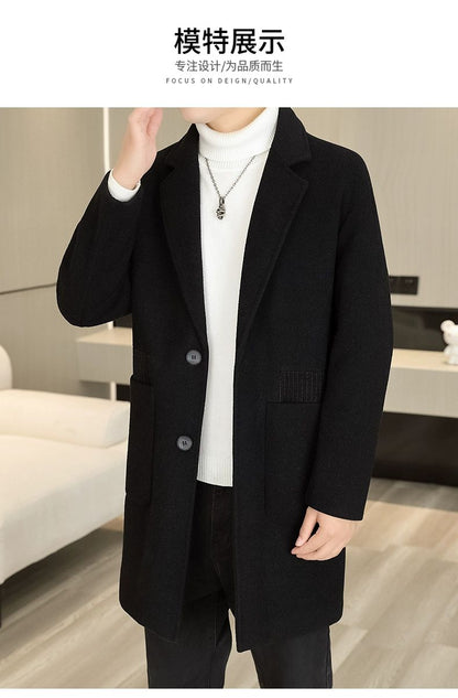 Men's Long Over-the-Knee Trench Coat Youth Black Business Casual Suit Collar Overcoat Mid-Length Trench Coat
