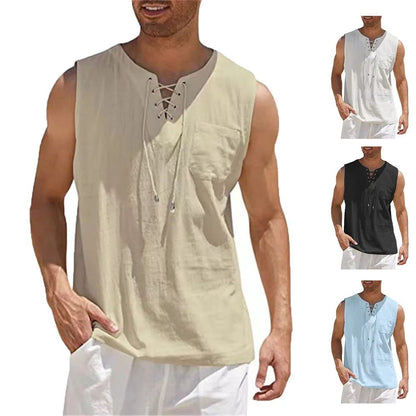 Cotton Linen Shirts Men's Casual Sleeveless Vest Lace Up Shirts Retro V Neck Tank Tops Loose Shirt Male Solid Color Clothes