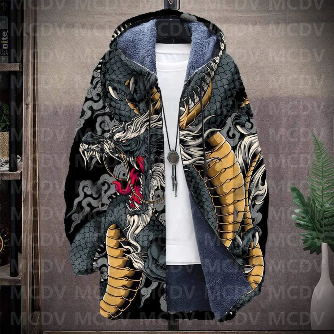 Men's Retro Print Plush Thick Long-Sleeved Coat Cardigan Dragon 3D Prined Fleece Hooded Overcoat Unisex Thick Warm Jacket