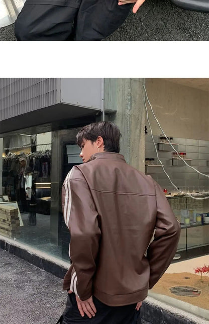 Retro Leather Jacket Men Women  American Patchwork Strip Racing Outerwear Loose Hip Hop Zippers Brown PU Coat Streetwear Spring