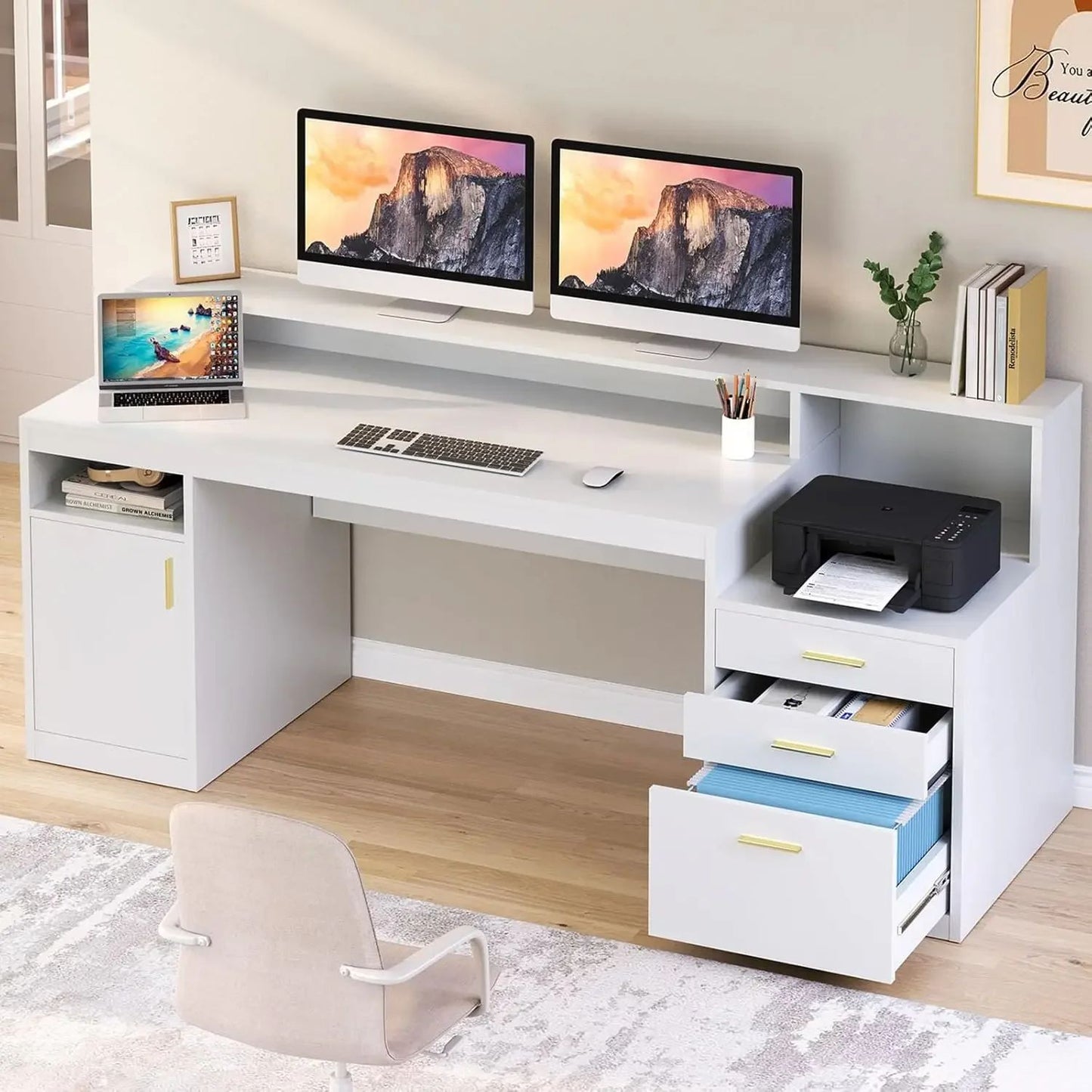 Computer Desk with 3 Drawer & Storage Shelves, Home Office Desk with File Drawer & Cabinet