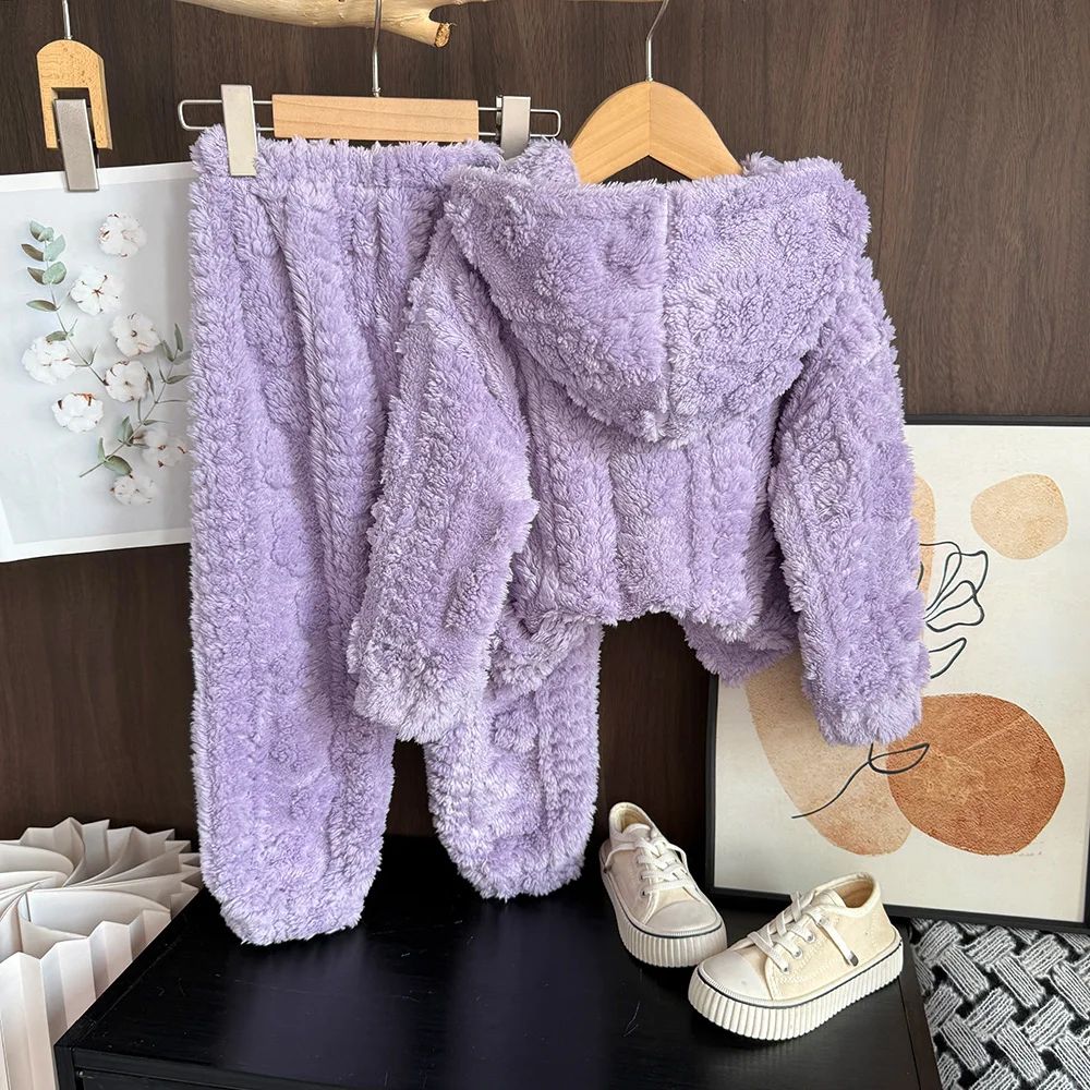 Baby Girl Clothes Purple Plush Jacquard Top+Pants 2-piece Set for Autumn and Winter Home Kids Casual Pajamas 3-7 Years Old