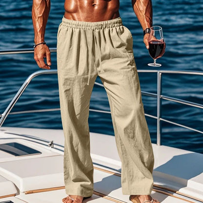 Calça Casual Masculina de Linho com Elástico na Cintura, Calça de Praia Leve com Cordão, Calça de Yoga de Verão Cor Sólida, Calça de Praia