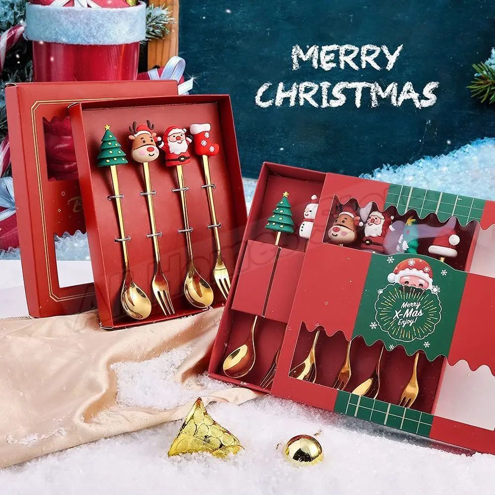 Christmas Cutlery Set Elk Dessert Scoop Fruit Fork Coffee Spoon Stainless Steel Dessert Fork 4/6PCS Christmas Spoons Fork Set