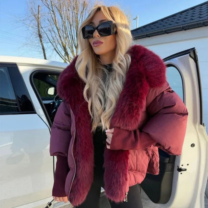 Faux Fur Spliced Hooded Cotton Jackets Women Zipper Long Sleeve Pocket Warm Coats 2025 Winter Fashion Solid Down Jacket New