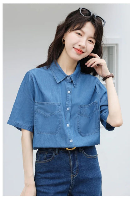 Vintageblueshort Sleeves Thin Denim Shirt 2024 Summer New Casual Loose-Fit Hong Kong Style Petite Top For Women