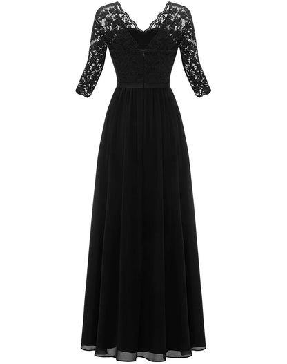 New 6-Color 5-Size Lace Splicing Long Waist-Cinching Elegant Dress Floor-Length V-Neck Polyester Fiber Evening Gown Dress