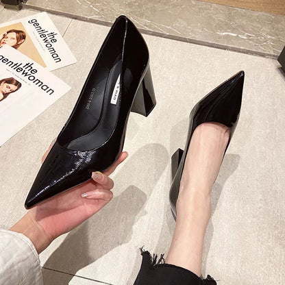Women Shoes Patent Leather Slip-On Chunky Heels High Heels Women Temperament Pointed Toe Shallow Sexy Wedding Shoes Pumps