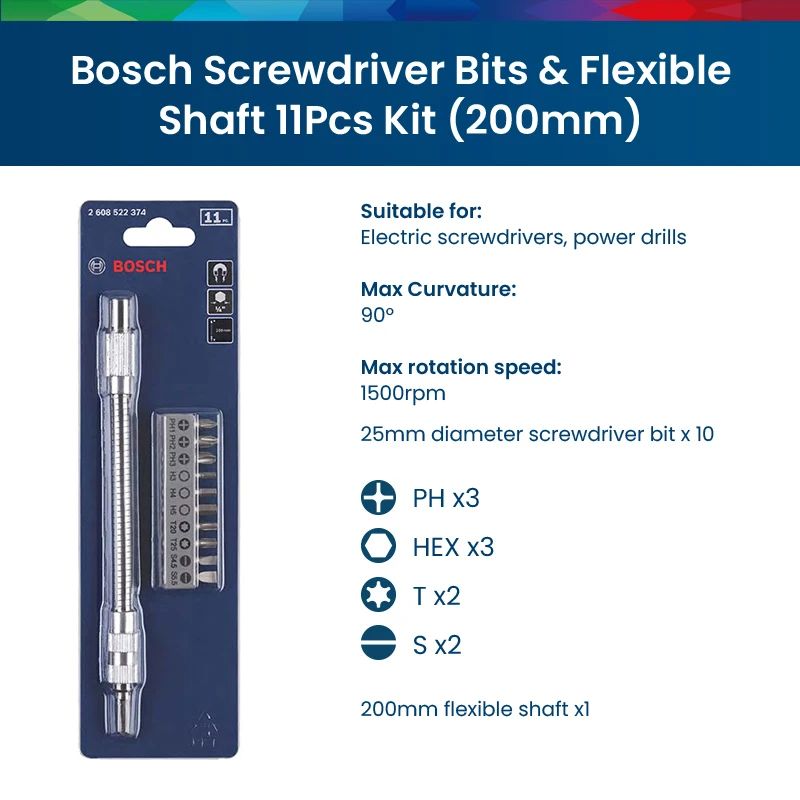 Conjunto de 11 Peças de Suporte de Eixo Flexível para Pontas de Parafusadeira Bosch Professional, Extensor de 200mm e 300mm para Parafusadeira e Furadeira