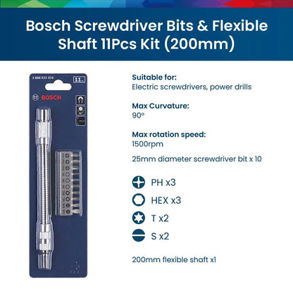 Conjunto de 11 Peças de Suporte de Eixo Flexível para Pontas de Parafusadeira Bosch Professional, Extensor de 200mm e 300mm para Parafusadeira e Furadeira