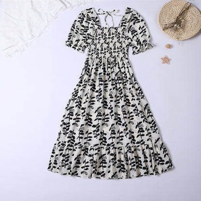 Summer Pleated Women Chiffon Dresses Casual Beach Holiday Short Sleeve Square Co