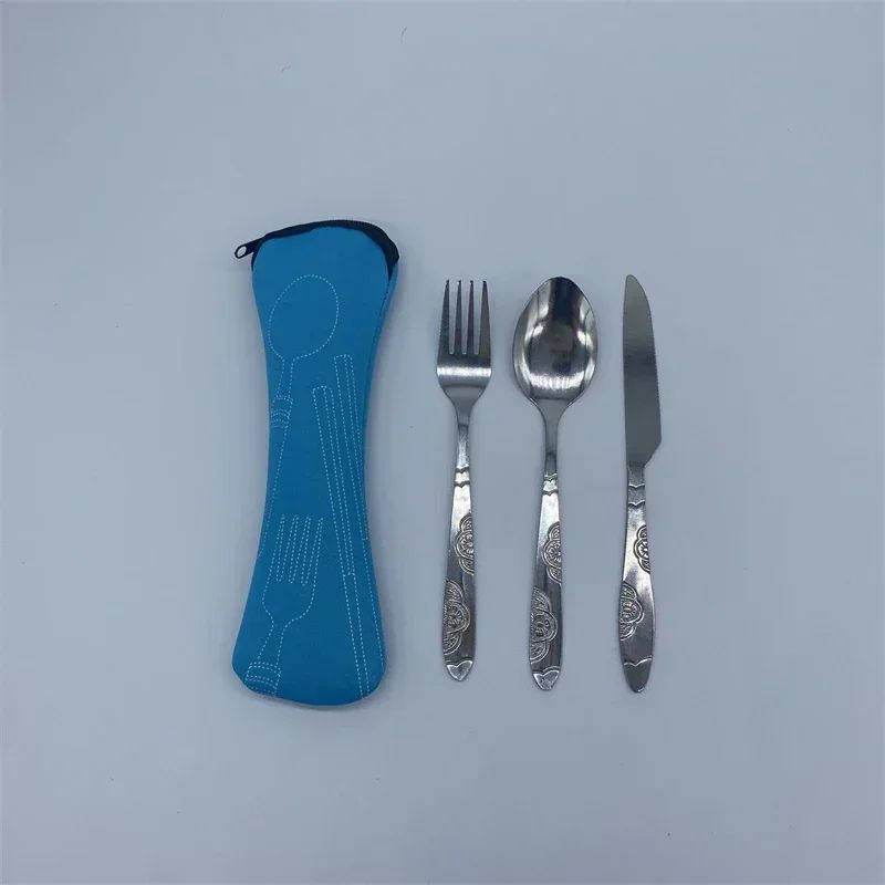 7/3 Peças Conjunto de Talheres de Aço Inoxidável para Acampamento ao Ar Livre Faca de Bife Garfo Colher para Comida Ocidental Bolsa de Pano Criativa Portátil