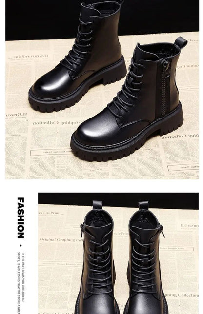 Autumn new mid length Boots Black anti slip trendy Footwear  Fashion laceup boots Ladies thick heeled casual shoes Botas Zapatos