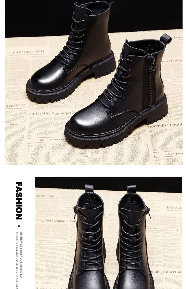 Autumn new mid length Boots Black anti slip trendy Footwear  Fashion laceup boots Ladies thick heeled casual shoes Botas Zapatos