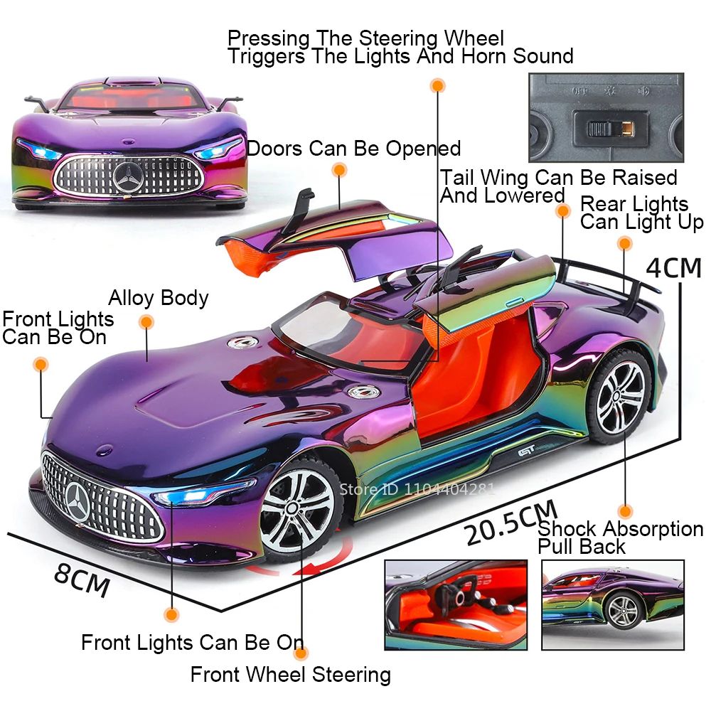 1:24 Visão GT 300SL Carro Esportivo Modelo Liga Fundida Brinquedos Som Luz Puxar para Trás Portas Abertas Veículos Miniatura Presentes para Crianças