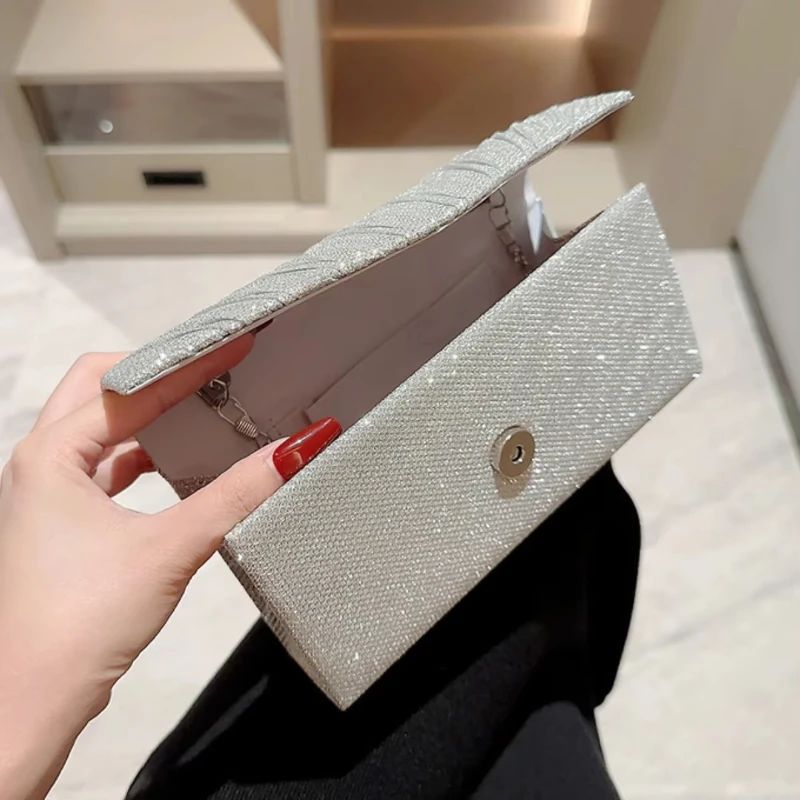 Glitter Ladies Silver Clutch Bag Envelope Evening Bag Fashion Elegant Long Purse Women Chain Shoulder Bags Wedding Party Handbag