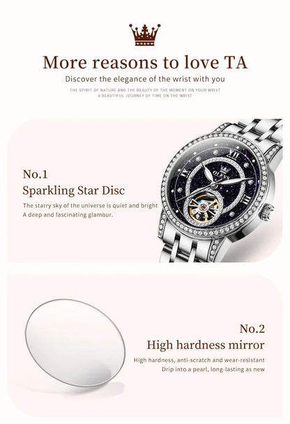 OLEVS Hollow Women's Watch Fully Automatic Mechanical Watch Luxury Diamond Inlaid Starry Sky Elegant Women's Brand Watch  7036