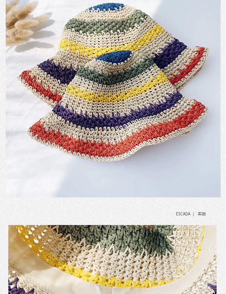 Rainbow Straw Hat Woman Summer Sun Visor Handmade Crochet Big Brim Bucket Hat Ladies Beach Sun Cap Boho Lady Girls Fashion Caps
