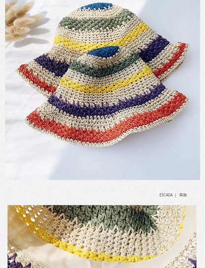 Rainbow Straw Hat Woman Summer Sun Visor Handmade Crochet Big Brim Bucket Hat Ladies Beach Sun Cap Boho Lady Girls Fashion Caps
