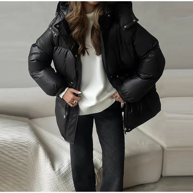 Glossy Shiny Women 's Down Jackets Vintage Hooded Zipper Puffer Full Sleeve Jackets For Woman 2025 Woman Winter Coats Outwears