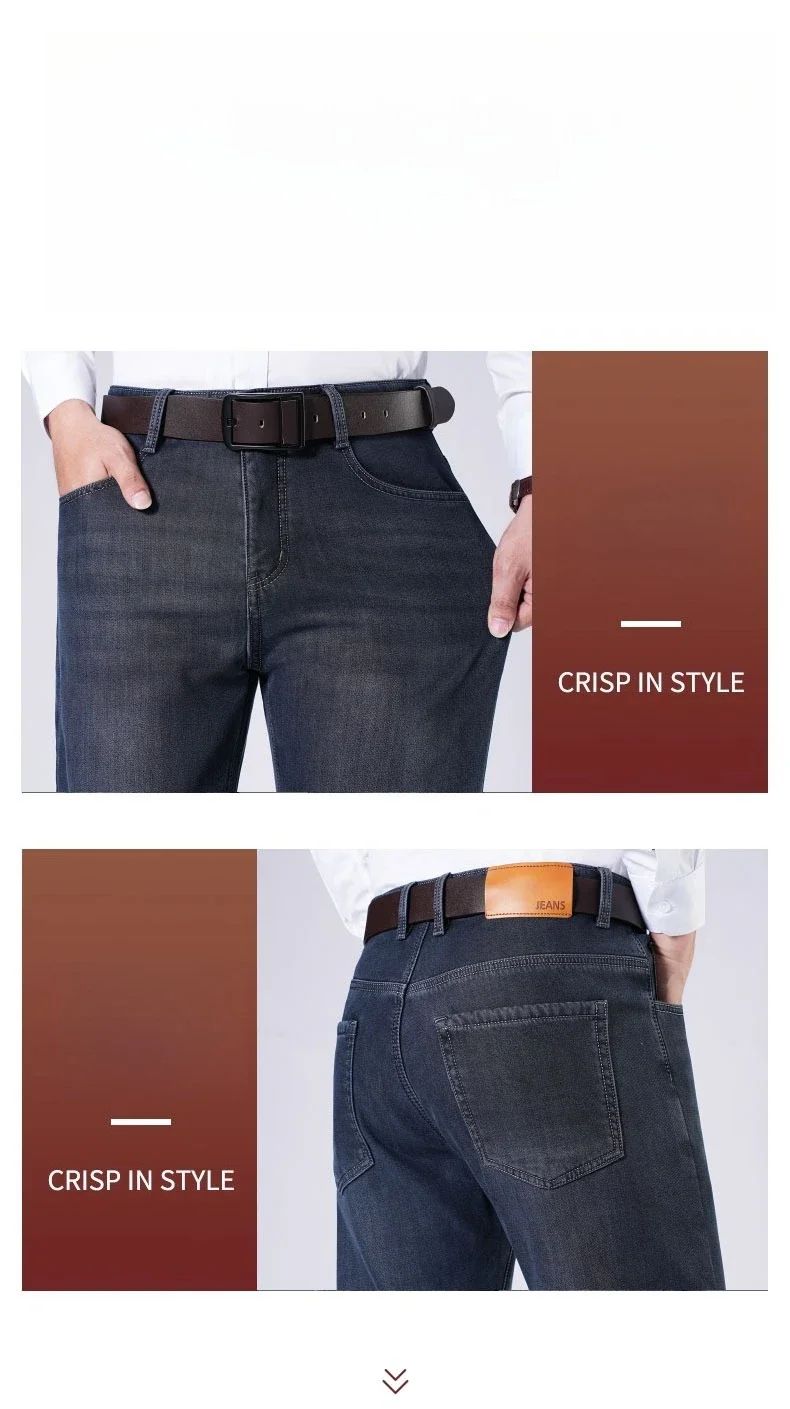 Men's Fleece Straight Leg Jeans Winter Thick Warm Business Casual Velvet Pants Elastic Loose Trousers Outdoorwear