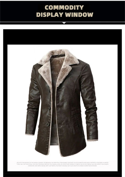 Men's Winter Faux Leather Casual Windbreak High Quality Coat Fur Lined Button Trench Coats Men's Down Lapel Collar Jackets