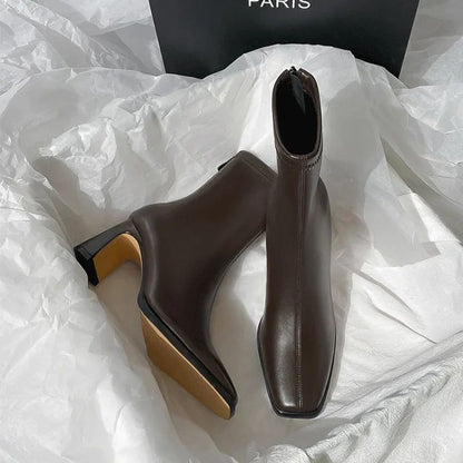 Autumn and Winter New Brown Short Boots with Velvet Coarse Heel French Ankle Boots and Back Zipper Square Head Boots