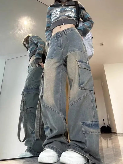 Female Jean Spliced Pockets Cargo Pants Washed Denim High Waist Full Length Jeans Loose Solid Basics Patchwork Distressed