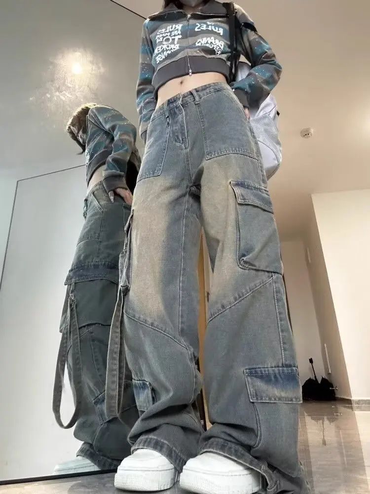 Female Jean Spliced Pockets Cargo Pants Washed Denim High Waist Full Length Jeans Loose Solid Basics Patchwork Distressed