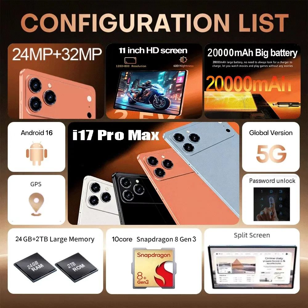 2026 Global Original Tablet Pad 17 Pro Max11 inch Android 16 24GB+2TB 20000mAh 5G Dual SIM Card WiFi GPS HD 4K Mi AndroidTablet