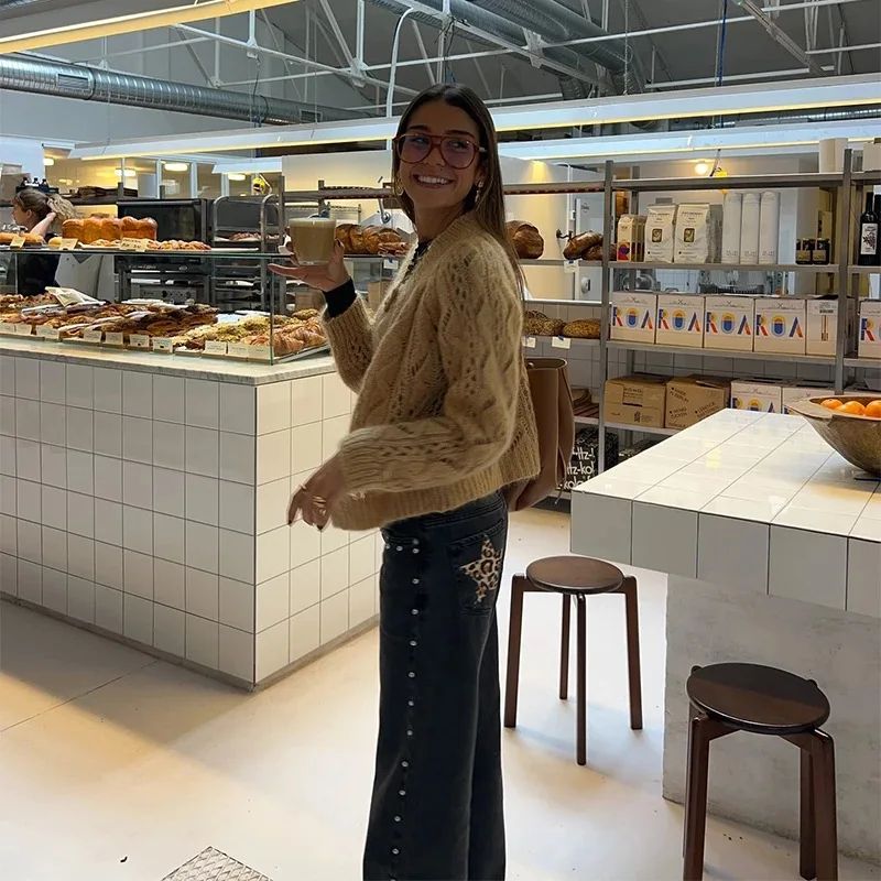 Spanish Fashion ONE DILEMMA Five-pointed Star Pattern Rivet Decorative Black Jeans Women's Autumn Multiple Light Blue Jeans